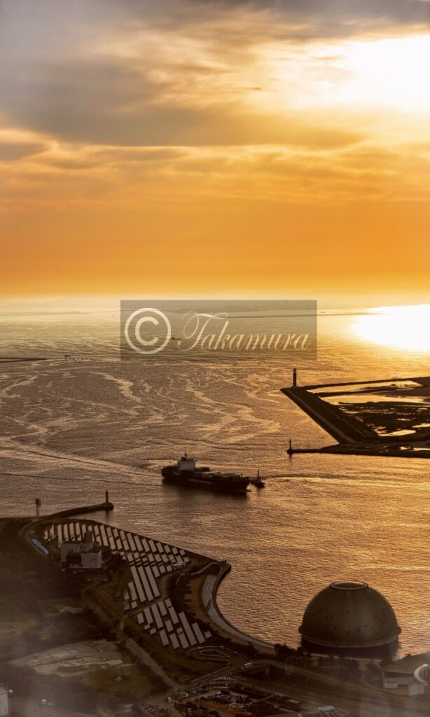 さきしまコスモタワー展望台から眺めた海の潮の流れや入港する船舶などの写真