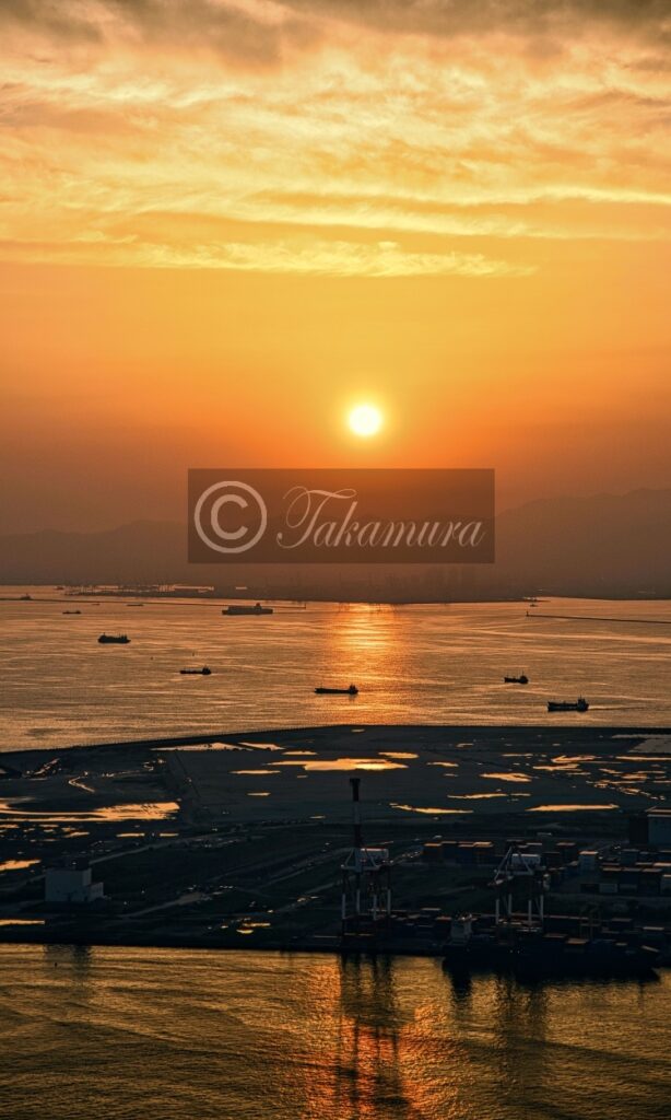 さきしまコスモタワー展望台から見られた沈む夕日の写真や海、船などの写真